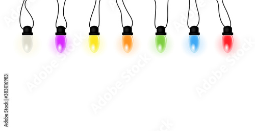 Leuchtende bunte Lichterkette,
Hintergrund Banner mit Lichterkette,
Vektor Illustration isoliert auf weißem Hintergrund
