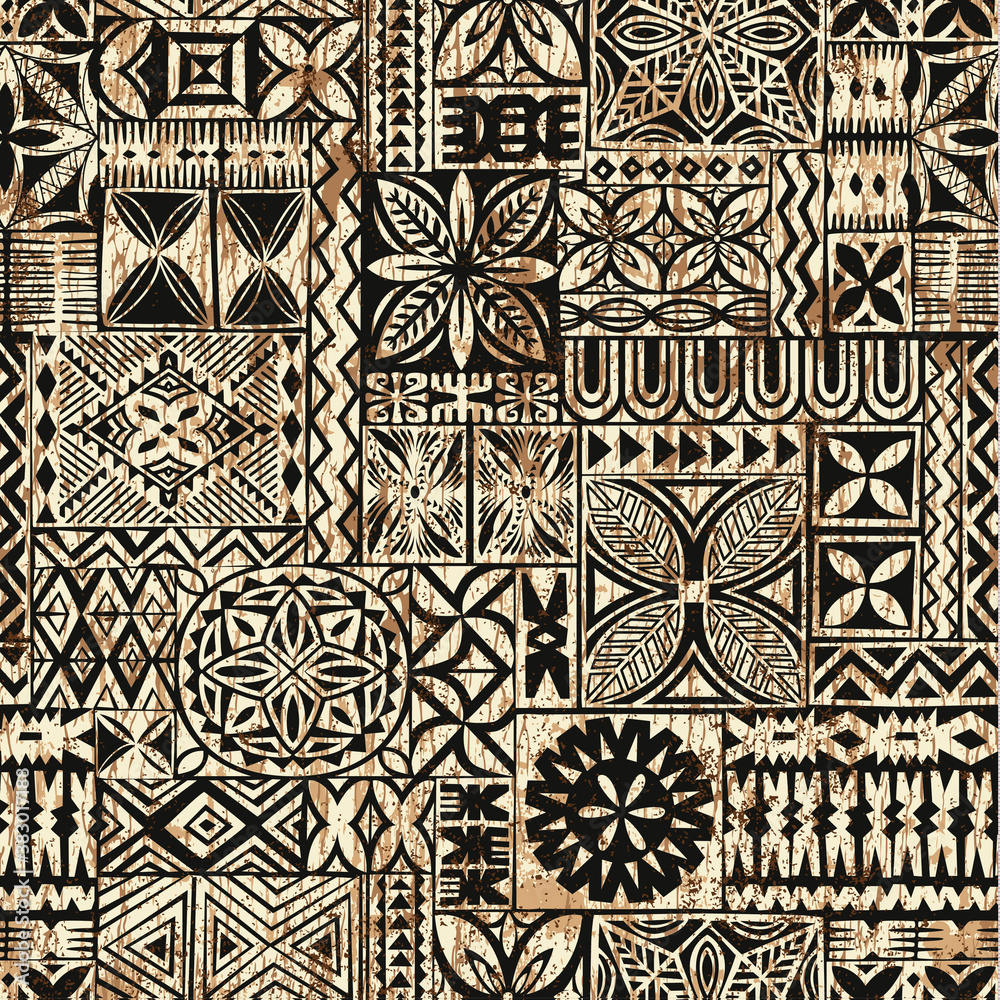 Hawaiian style tapa cloth motifs tribal fabric vintage vector seamless pattern 