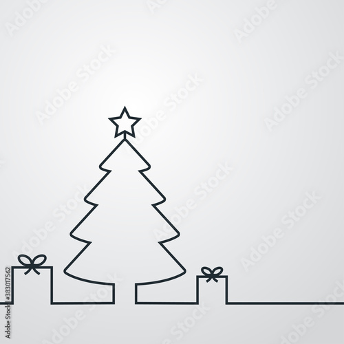Regalos de Navidad. Logotipo lineal árbol de navidad con caja de regalo en una sola línea en fondo gris