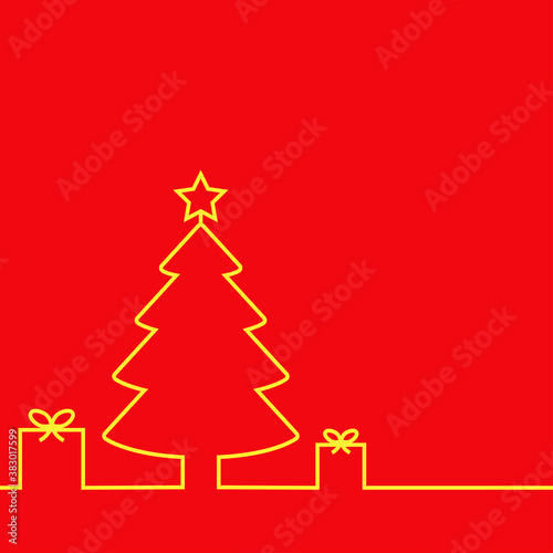 Regalos de Navidad. Logotipo lineal árbol de navidad con caja de regalo en una sola línea en fondo rojo