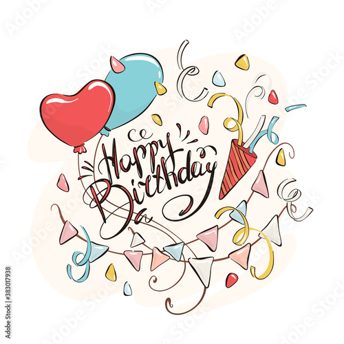 Happy Birthday set, lettering drawn by hand in doodle style. Congratulations and wishes, balloons and confetti. Anniversary celebration. Vector for design typography.