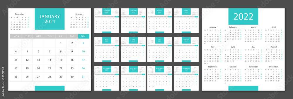 Calendar 2021, calendar 2022 week start Monday corporate design template vector. Calendar 2021, calendar 2022 week start Monday corporate design template vector.
