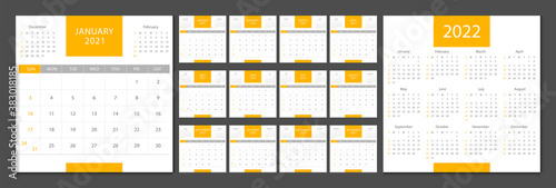 Calendar 2021, calendar 2022 week start Sunday corporate design template vector.