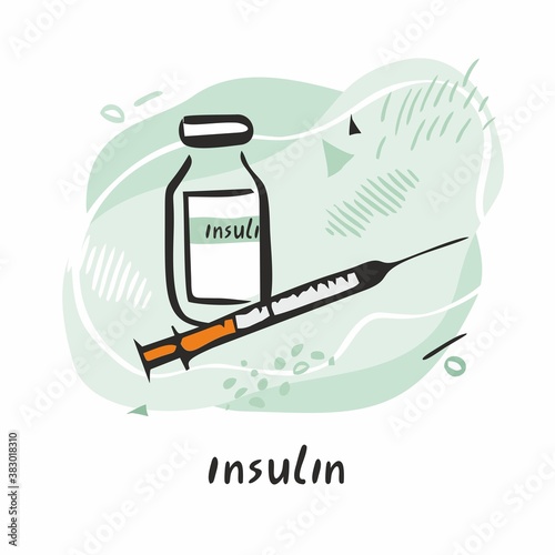 Bottle with liquid and a syringe drawn in sketch style with a black line on an abstract background. Solution of the hormone insulin. Ssymbol for medicine, science, biochemistry. Vector illustration.
