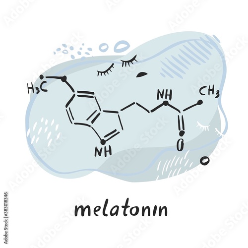 Melatonin formula. Circadian rhythm hormone hand drawn by line on the background of abstract objects and shapes. Symbol for biology, chemistry, naturopathy, medicine. Flat cartoon vector illustration.