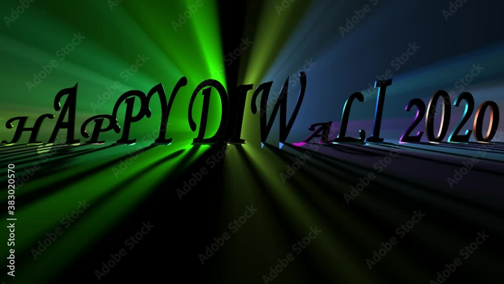 Happy Diwali, 3D animations of dancing words or letters along with Multicolor spreading and moving light rays in different colors, 3D Text animation.