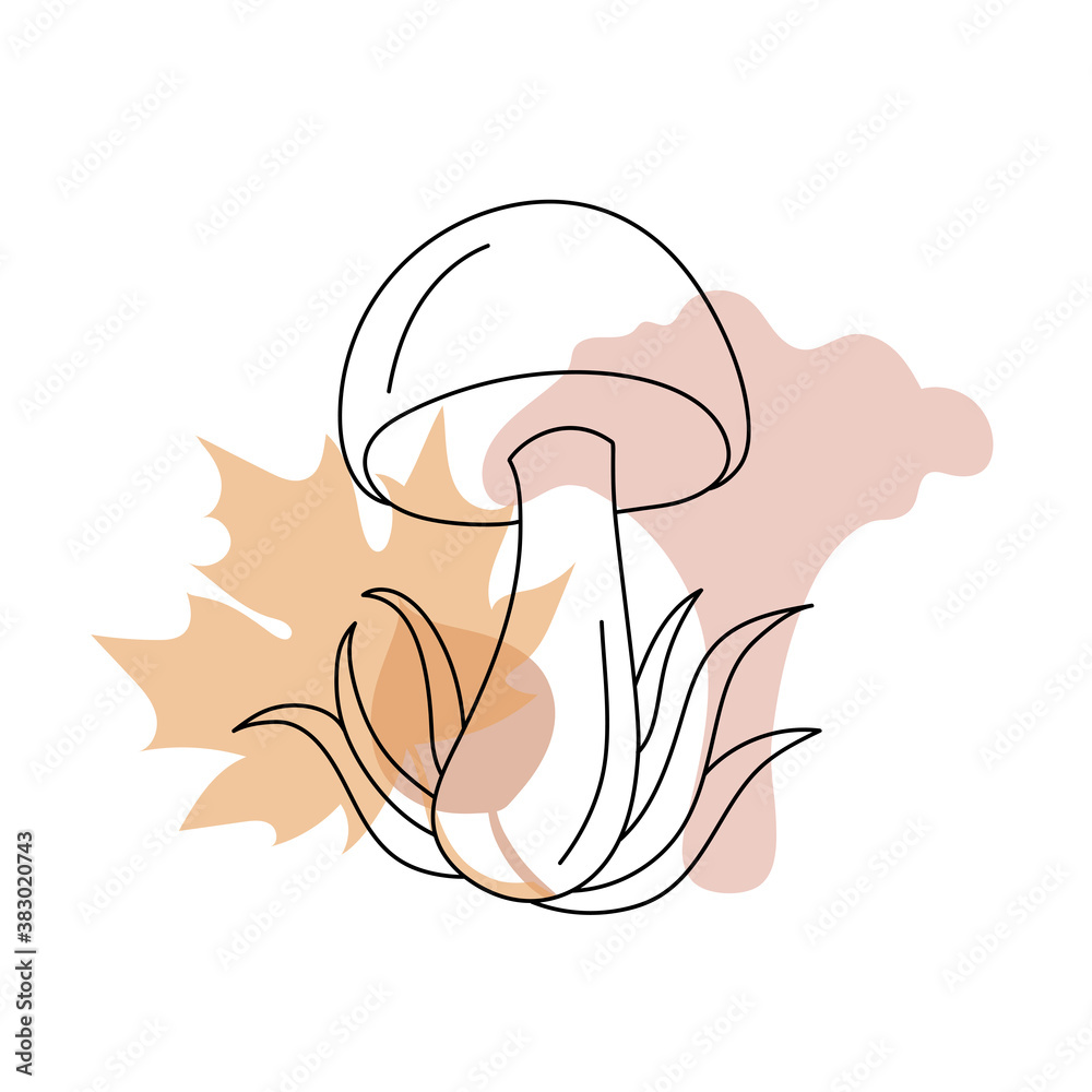Mushroom in a hand drawn linear style with colorful silhouettes of autumn leaves. Isolated on white. Mushroom in a hand drawn linear style with colorful silhouettes of autumn leaves. Isolated on white.