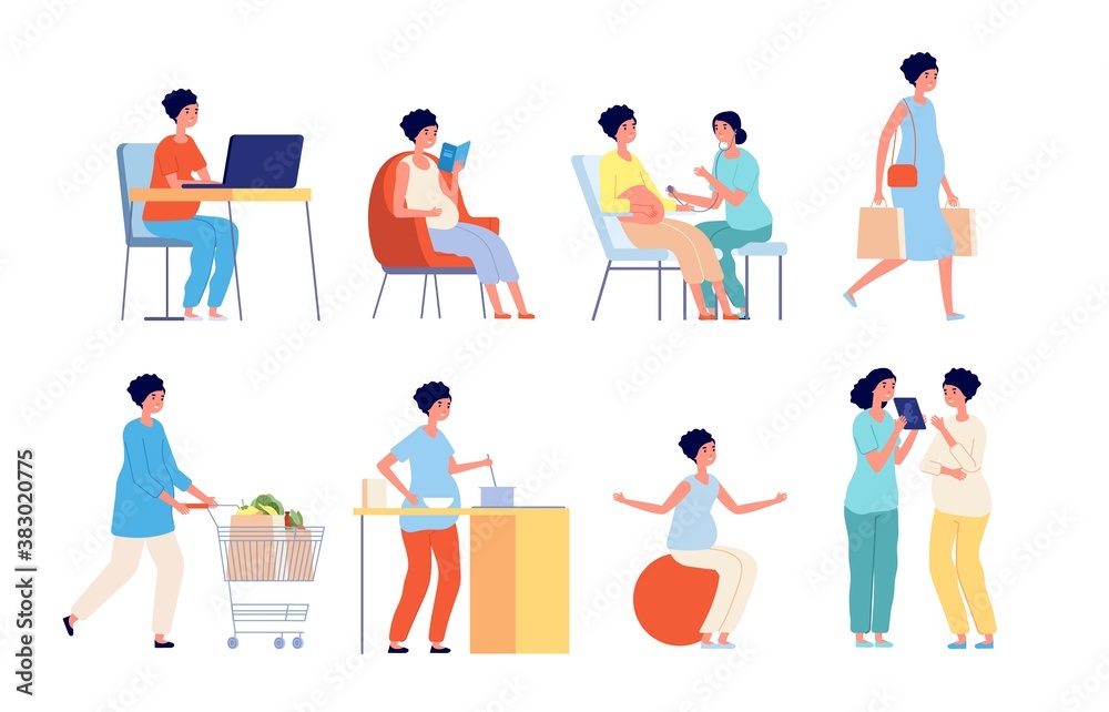 Pregnant woman. Examination doctor, pregnancy of women daily life, nutrition diet future mother. Beautiful maternity vector illustration. Pregnant examination at doctor, pregnancy patient