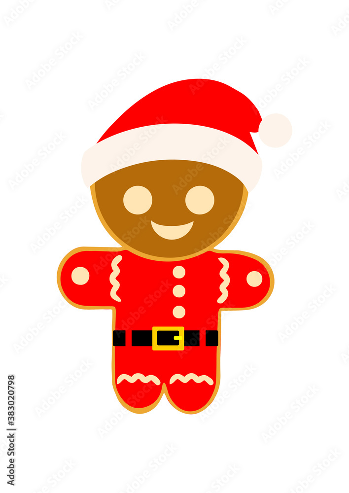 Fototapeta premium Gingerbread man in a New Year's suit on a white background. Vector illustration in a flat style. Christmas decoration, winter holiday, cooking, new year's eve, food, sylvester.