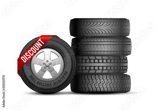 Tires discount. Isolated realistic rubber car wheels. Auto service and repair. Tire with sale ribbon vector illustration. Car tyre promo, rubber store for transport