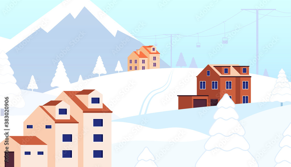 Winter holidays resort. Snow forest cottage, christmas scene with ski lift. Hotel chalet landscape, leisure in mountains vector illustration. Winter resort snow, season landscape travel