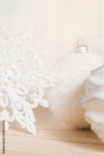 Close-up of white elegant Christmas ornaments