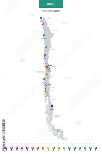 Chile map with location pointer marks. Infographic vector template, isolated on white background.