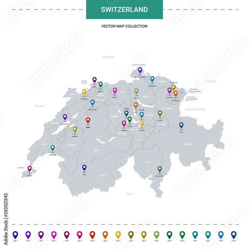 Switzerland map with location pointer marks. Infographic vector template, isolated on white background.