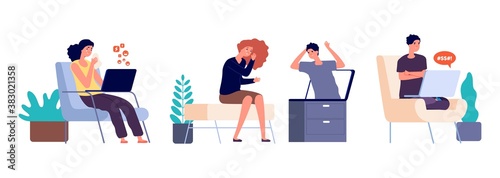 Cyber aggression. Online bullying, people offended. Insulted, upset girl crying. Boyfriend screaming at girlfriend vector illustration. Online bullying and cyberbullying, attack cyber and social