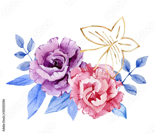 Fototapeta Naklejka Na Ścianę i Meble -  Watercolor winter pink flower composition. Christmas blue floral. Botanical illustration for greeting card, bridal card and baby shower card. Logo design.