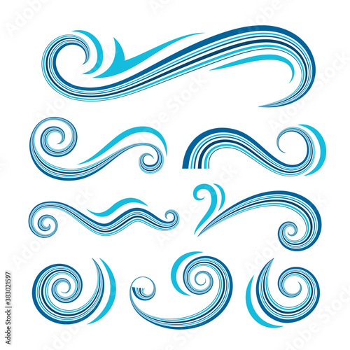 Rolling ocean waves, set of simple swirls and splashes, curly shapes isolated on white background, decorative design elements in nautical style