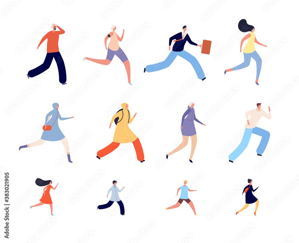 Running people characters. Athlete woman, runners or joggers in sportswear. Active human run, isolated adults kids hurry vector illustration. Jogger training, healthy sporty run for wellness