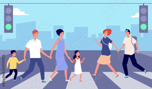 People on crosswalk. Person traffic, pedestrian crowd city street. Man woman cross road on green light, urban lifestyle vector illustration. Crosswalk people road street, urban traffic