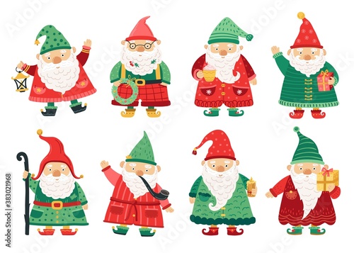 Christmas dwarfs. Cute fairytale gnome, old beard men greeting with x-mas. Home garden magical characters, winter holiday fantasy vector set. Christmas holiday character, winter dwarf, xmas elf of set