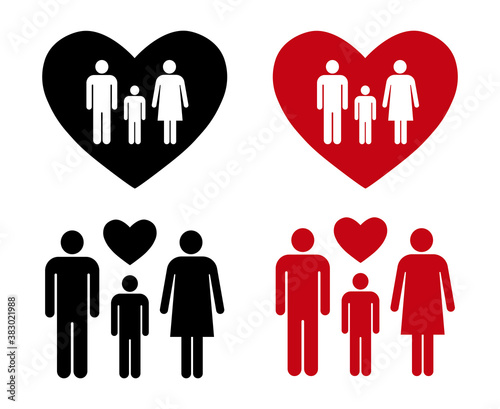 Family signs. Child, dad and mom stand together with the hearts. Vector illustration.