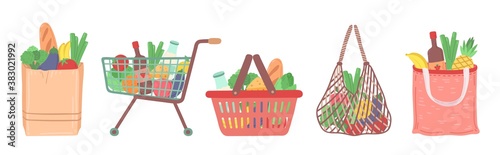 Grocery shop bag. Shopping food cart, delivery package from supermarket. Natural goods market basket with vegetable fruit vector illustration. Trolley and cart full to delivery