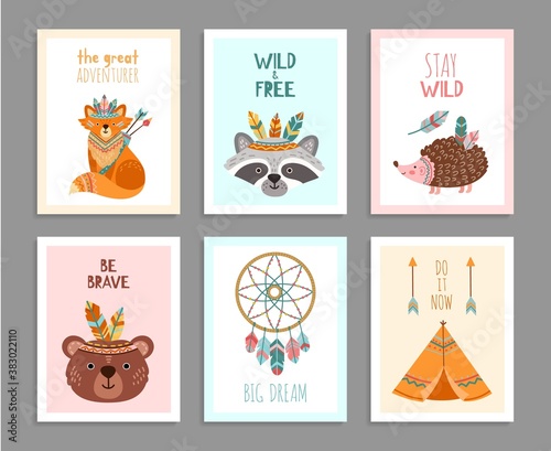 Be brave posters. Woodland wild animals, tribal arrows child fun birthday card. Happy forest adventure raccoon fox deer vector illustration. Tribe raccoon and grizzly, wild indian hedgehog