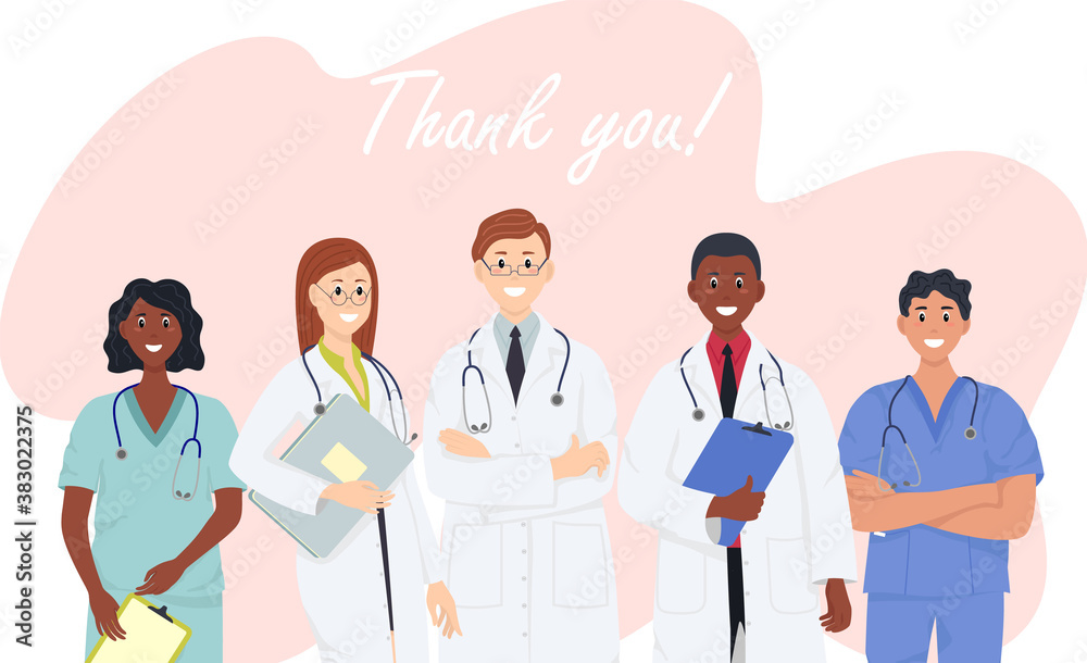 Banner with a multicultural group of medics. Appreciation for hospital staff fighting the spread of coronavirus. Banner with a multicultural group of medics. Appreciation for hospital staff fighting the spread of coronavirus.