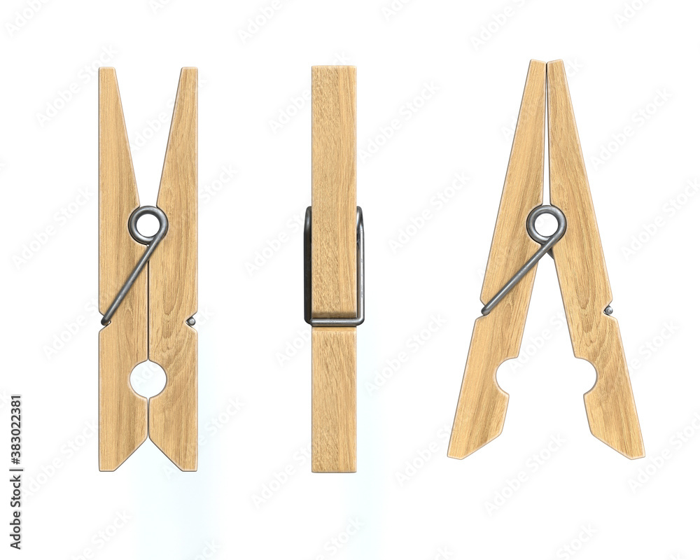 Wooden clothespins form vatious views on white background, pegs 3d rendering