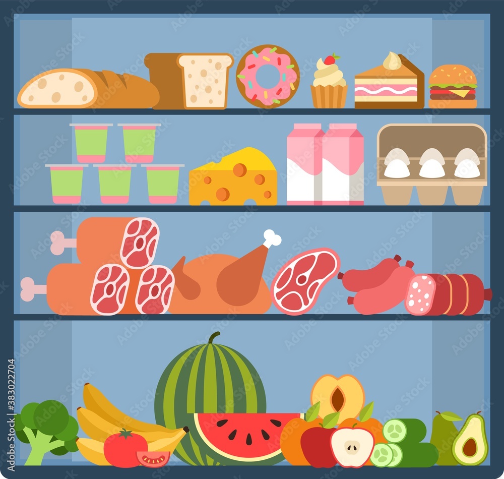 Grocery shelves. Food store assortment on refrigerator showcase, fruits