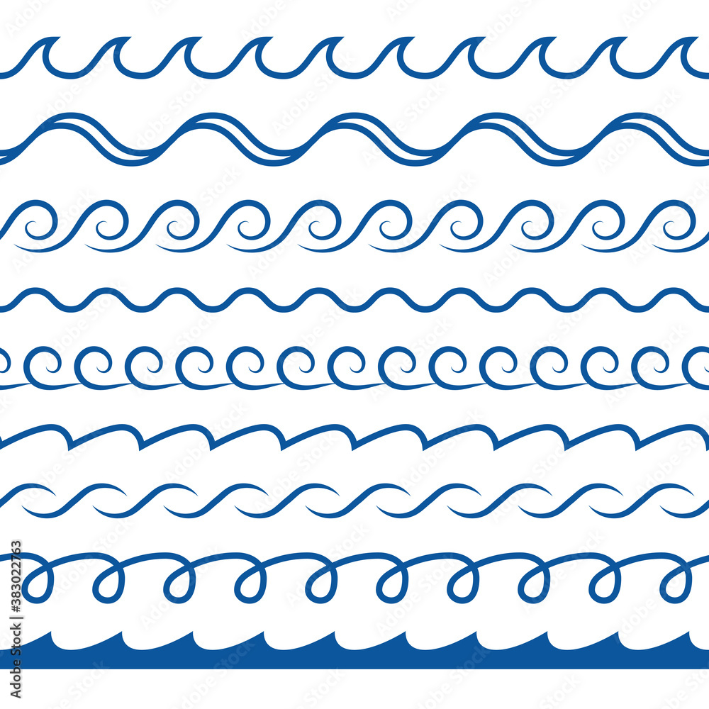 Wave borders. Seamless pattern decorative dividers blue ocean or sea waves marine symbol, water elements, curved line silhouettes design textile wrapping, wallpaper vector texture Wave borders. Seamless pattern decorative dividers blue ocean or sea waves marine symbol, water elements, curved line silhouettes design textile wrapping, wallpaper vector texture