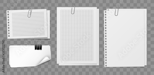 Notepaper sheets with holder and clip. White empty squared notebook paper sheet set with metal fastener, office or school stationery. Vector realistic mockup memo stickers collection