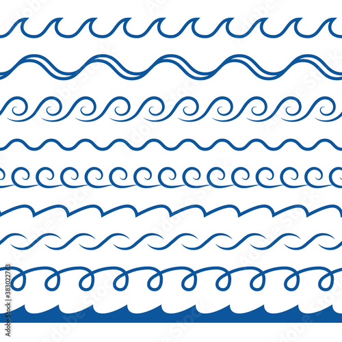 Wave borders. Seamless pattern decorative dividers blue ocean or sea waves marine symbol, water elements, curved line silhouettes design textile wrapping, wallpaper vector texture