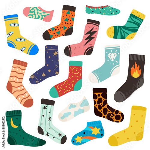 Socks. Cotton color long and short sock stylish design new season bundle. Cartoon woolen kids hosiery with trendy fashion ornaments isolated vector doodle modern set of cozy accessories
