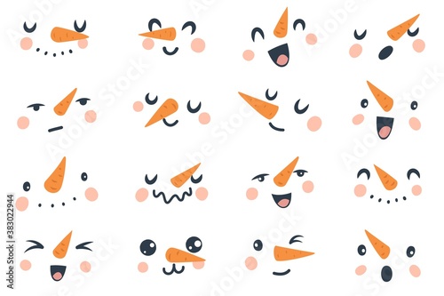 Snowman faces. Christmas funny snowmen heads with carrot nose and eyes, mouth and eyelashes with various emotions winter holidays vector doodle isolated snowy characters collection