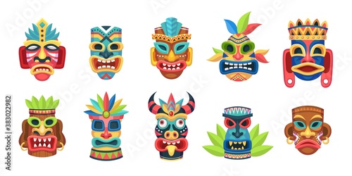 Ethnic masks. Ritual, ceremonial tribal mexican indian or african colorful masks, aboriginal zulu or aztec idols with ethnic ornament, polynesian or mayan wooden symbol vector set