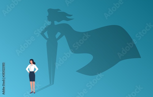 Businesswoman with superhero shadow. Confident woman, emancipation and feminism symbol, empower potential, leadership professional and success career vector flat cartoon concept