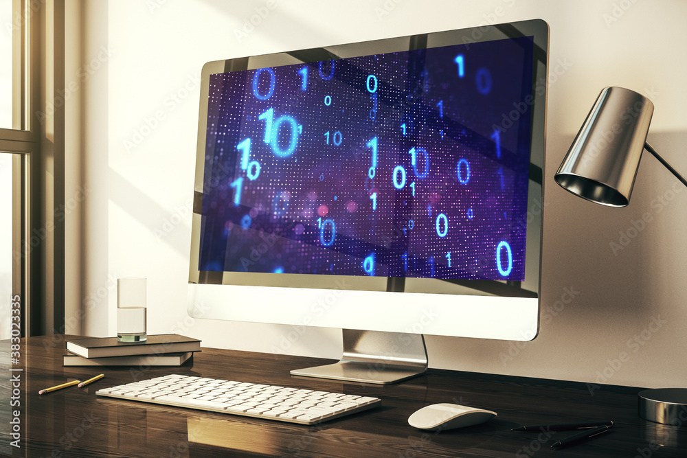 Creative abstract binary code sketch on modern laptop monitor, hacking and matrix concept. 3D Rendering Creative abstract binary code sketch on modern laptop monitor, hacking and matrix concept. 3D Rendering