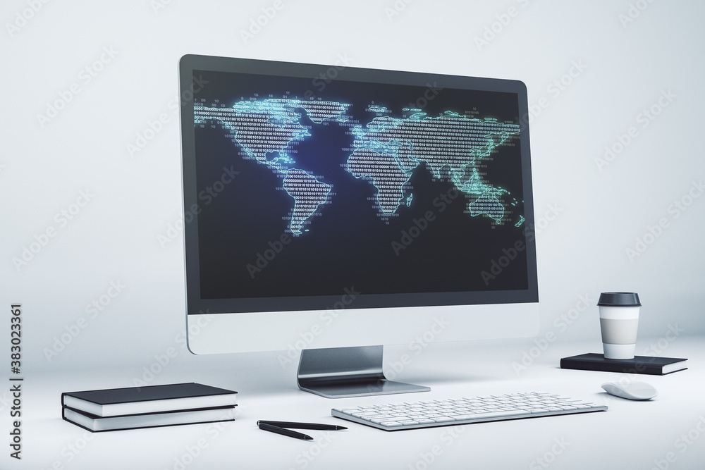 Modern computer screen with abstract creative digital world map, research and analytics concept. 3D Rendering Modern computer screen with abstract creative digital world map, research and analytics concept. 3D Rendering