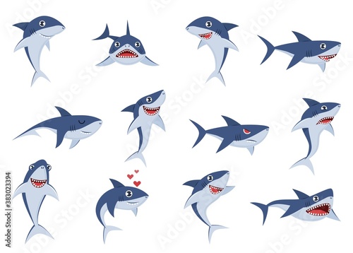 Cartoon cute sharks. Underwater characters with different emotions, happy, sad and surprised, smile, funny and angry ocean fish mascot stickers, comic animal flat vector wildlife set