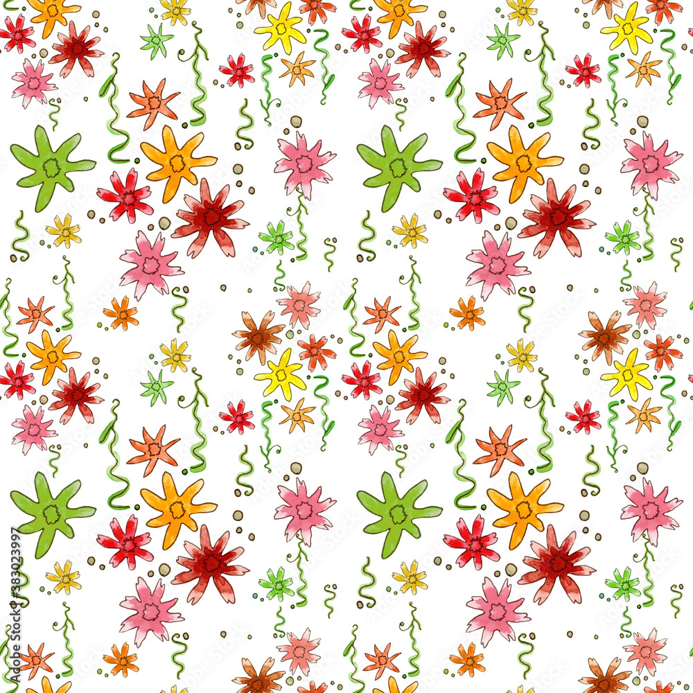 Fototapeta premium Abstract seamless pattern.Watercolor bright flowers on a white background.