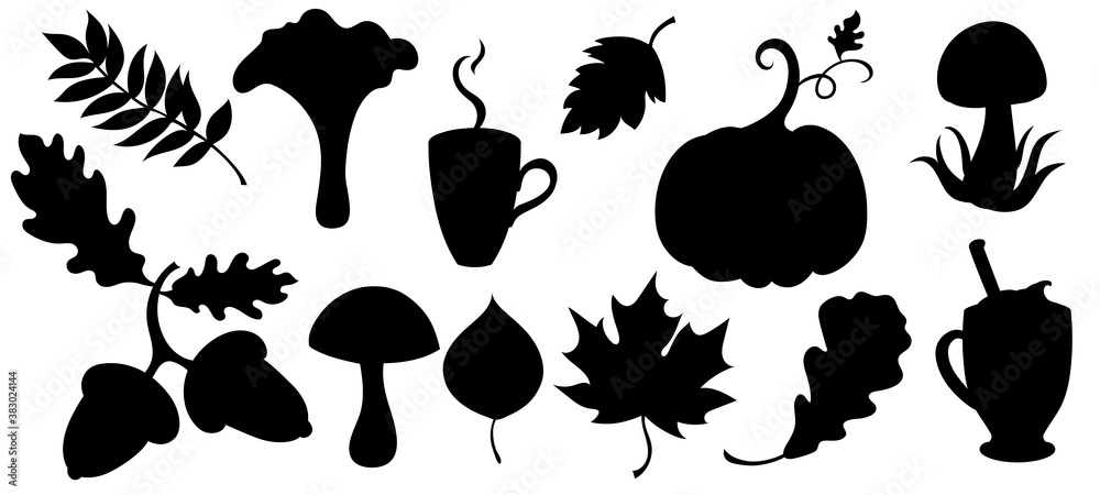 Set of autumn silhouettes with autumn leaves, a pumpkin, mushrooms, an acorn and cozy drinks. Isolated on white.