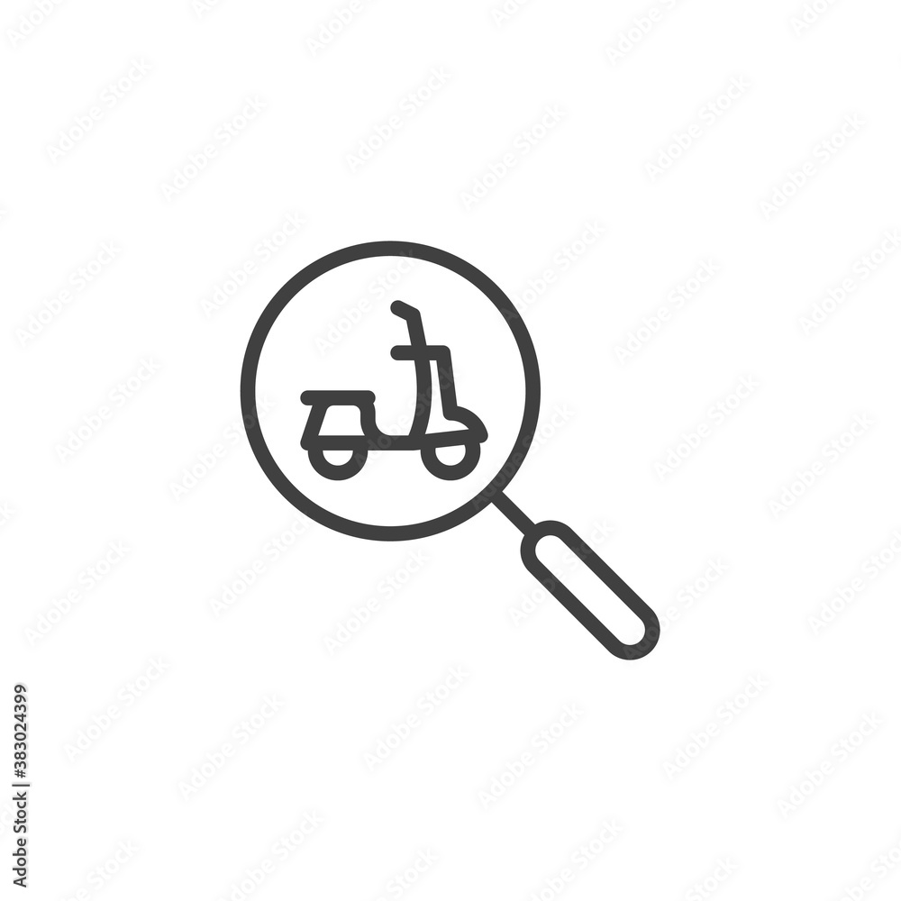 Scooter rental search line icon. linear style sign for mobile concept and web design. Magnifying glass with scooter outline vector icon. Symbol, logo illustration. Vector graphics Scooter rental search line icon. linear style sign for mobile concept and web design. Magnifying glass with scooter outline vector icon. Symbol, logo illustration. Vector graphics