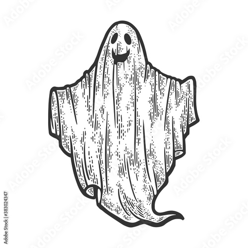 sheet ghost with smile sketch engraving vector illustration. T-shirt apparel print design. Scratch board imitation. Black and white hand drawn image.