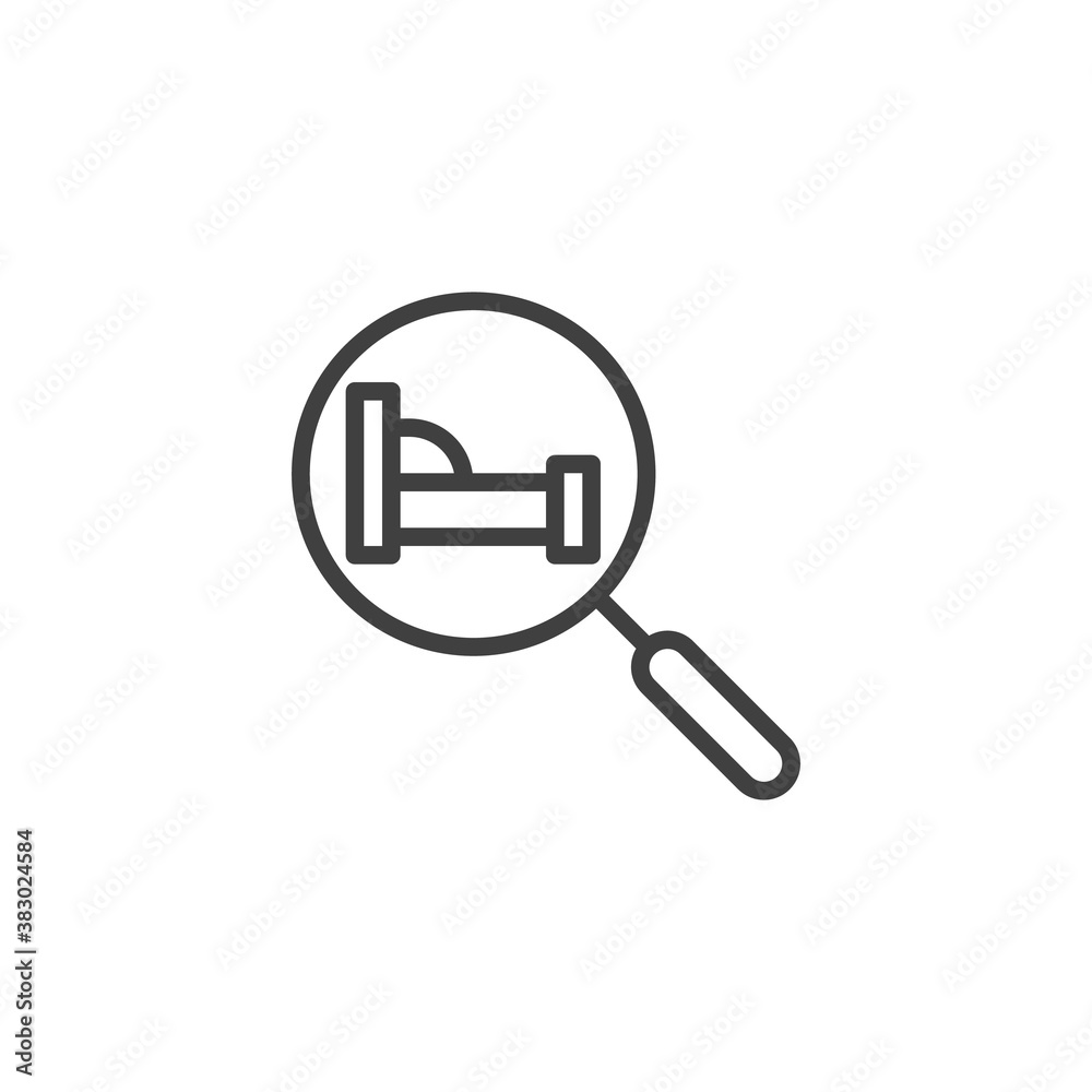 Search hotel line icon. linear style sign for mobile concept and web design. Magnifying glass with bed outline vector icon. Symbol, logo illustration. Vector graphics Search hotel line icon. linear style sign for mobile concept and web design. Magnifying glass with bed outline vector icon. Symbol, logo illustration. Vector graphics