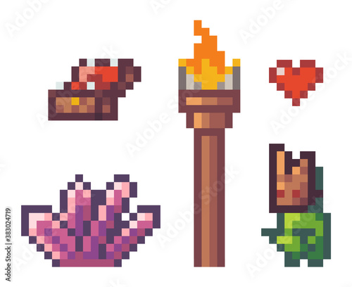 Collection from six pixel items, symbols, signs for game. Open chest, pink crystal, torch, heart, monster in mask. Pixalated npc for mobile game or videogame. World of 8bit game, graphics in 80s style