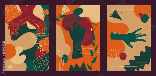Concept vertical cards drawn with female hands, abstract shapes and lines. Vibrant autumn colors, dark green and vivid orange design