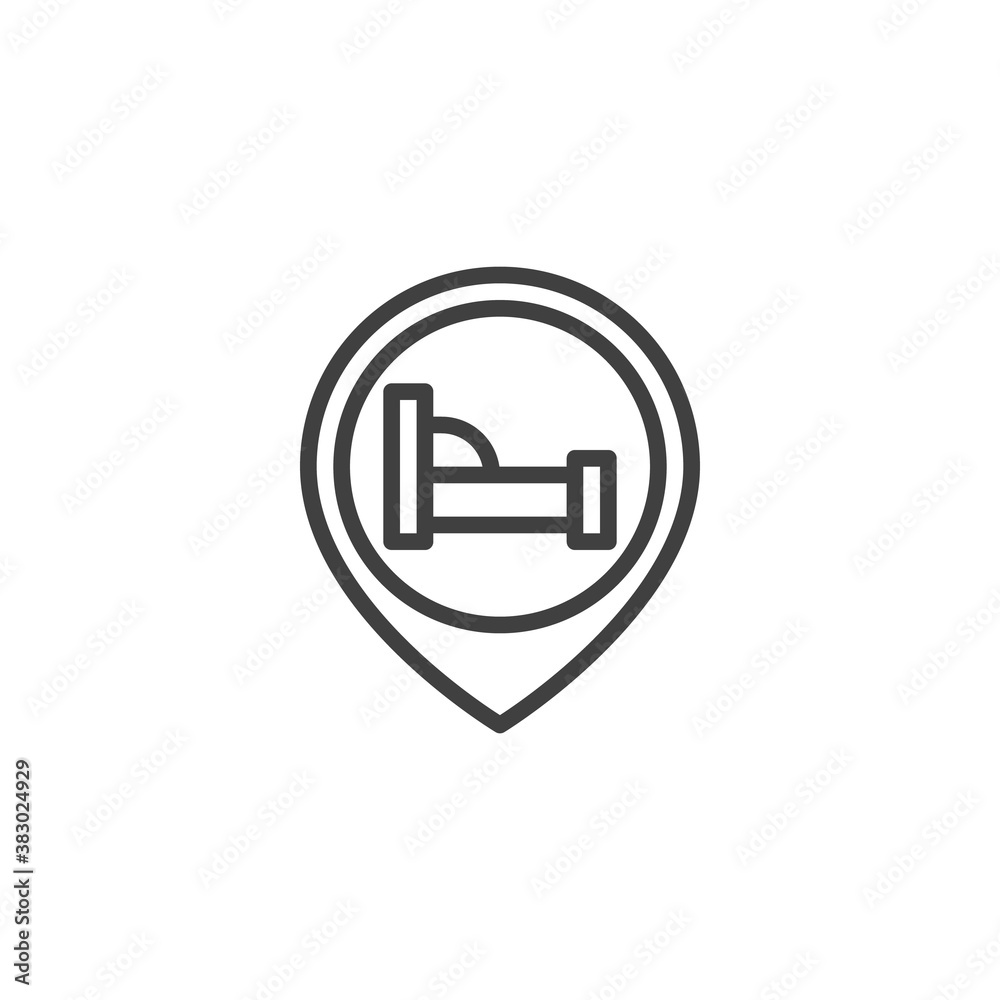 Hotel location pointer line icon. linear style sign for mobile concept and web design. Hotel map pin outline vector icon. Symbol, logo illustration. Vector graphics Hotel location pointer line icon. linear style sign for mobile concept and web design. Hotel map pin outline vector icon. Symbol, logo illustration. Vector graphics