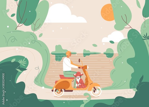Beautiful landscape and friends travelling on motor scooter bike. Young man in helmet and his dog. Smiling characters ready for summer adventure and places to see. Travel with pet illustration