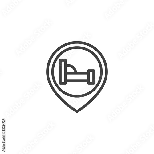 Hotel location pointer line icon. linear style sign for mobile concept and web design. Hotel map pin outline vector icon. Symbol, logo illustration. Vector graphics